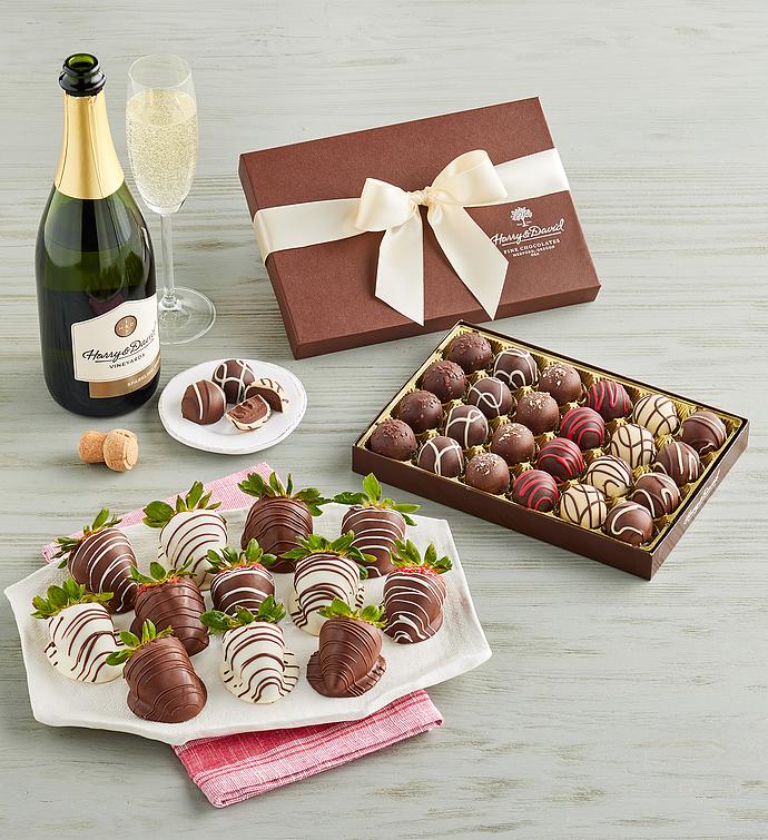 Gourmet Drizzled Strawberries™, Chocolate Truffles, and Sparkling White Wine