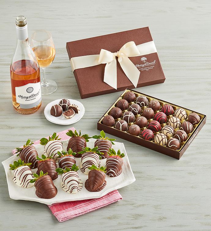 Gourmet Drizzled Strawberries™, Chocolate Truffles, and Wine