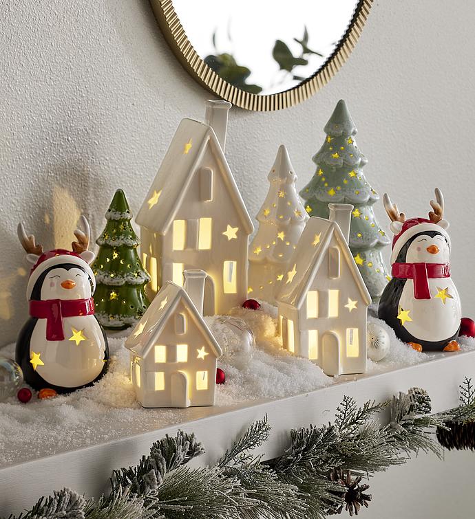 Holiday Ceramic House Lights   Set of 3