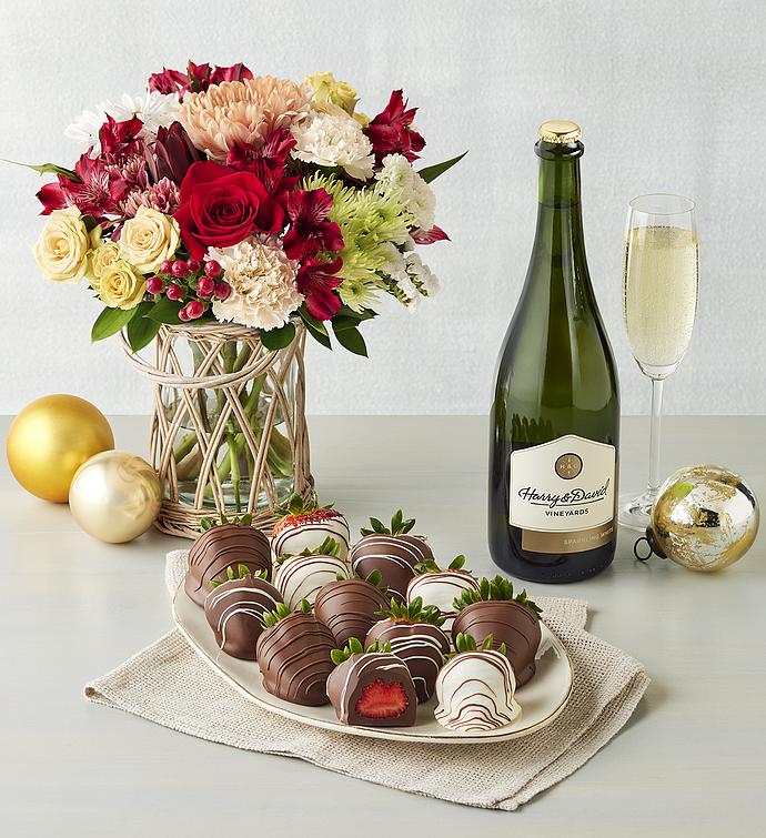 Frosted Gingerbread Bouquet, Gourmet Drizzled Strawberries™, and Wine