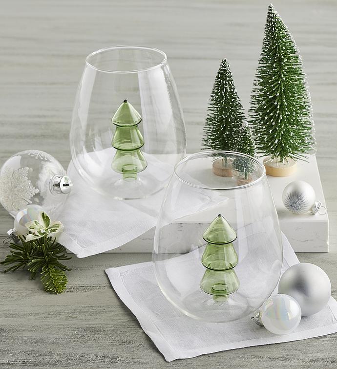 Holiday Stemless Wine Glasses with Blown Glass Tree Set of