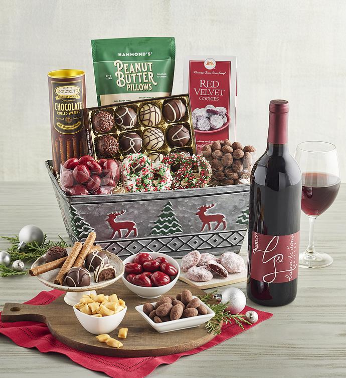 Holiday Sweets Gift Basket with Wine