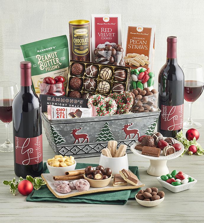 Deluxe Holiday Sweets Gift Basket with Wine Duo