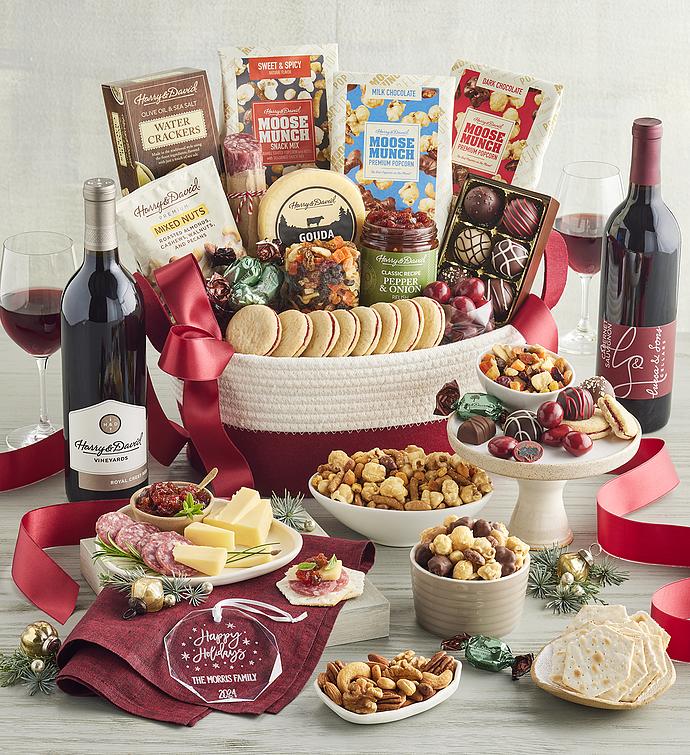 Season's Best Snack Gift Basket with Personalized Ornament and Wine   2 Bottles