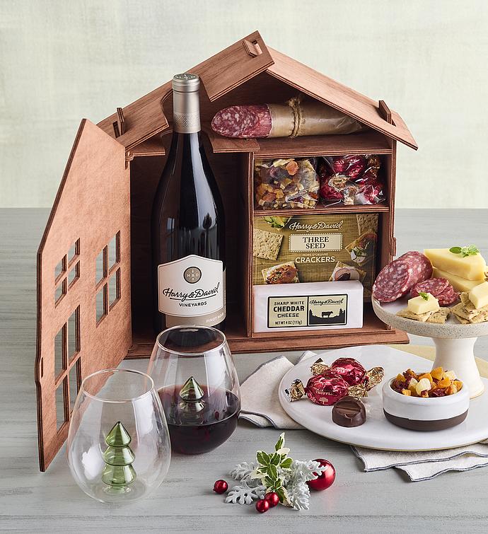 Holiday Wooden House Gift with Wine