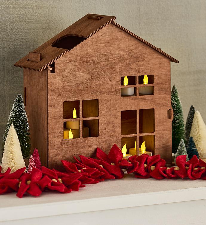 Holiday Wooden House Gift with Wine