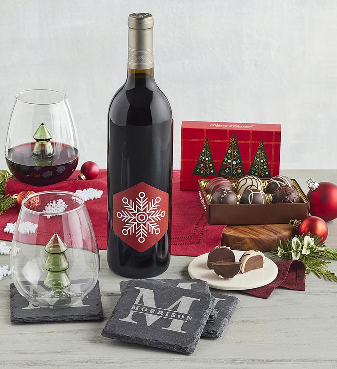 Holiday Wine Glasses with Red Wine and Personalized Slate Coaster Set