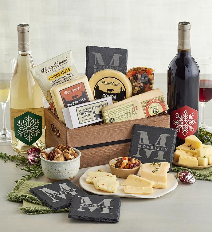 Holiday Gourmet Cheese Gift with Wine and Personalized Slate Coaster Set   2 Bottles