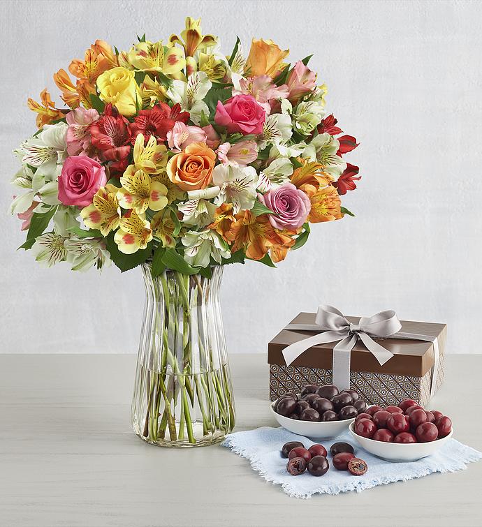 Chocolate-Covered Cherries with Assorted Roses &amp; Peruvian Lilies