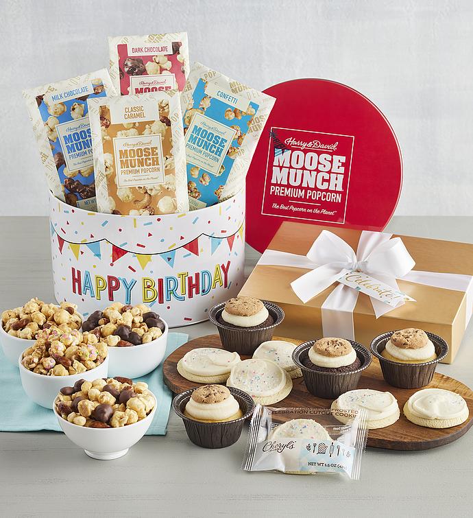 Moose Munch® Premium Popcorn Birthday Tin with Cheryl&#x27;s® Celebrate Cupcakes &amp; Cookies