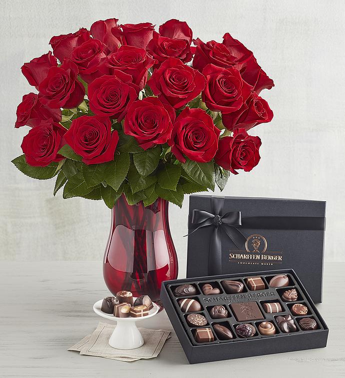 Scharffen Berger® Chocolatier's Collection with Two Dozen Red Roses