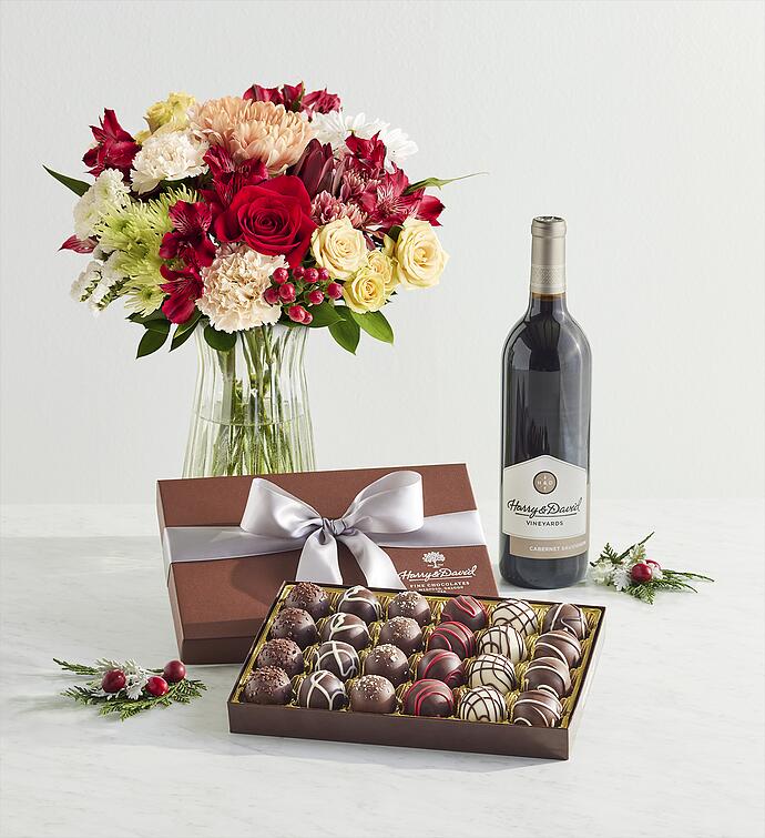 Frosted Gingerbread Bouquet, Chocolate Truffles, and Red Wine
