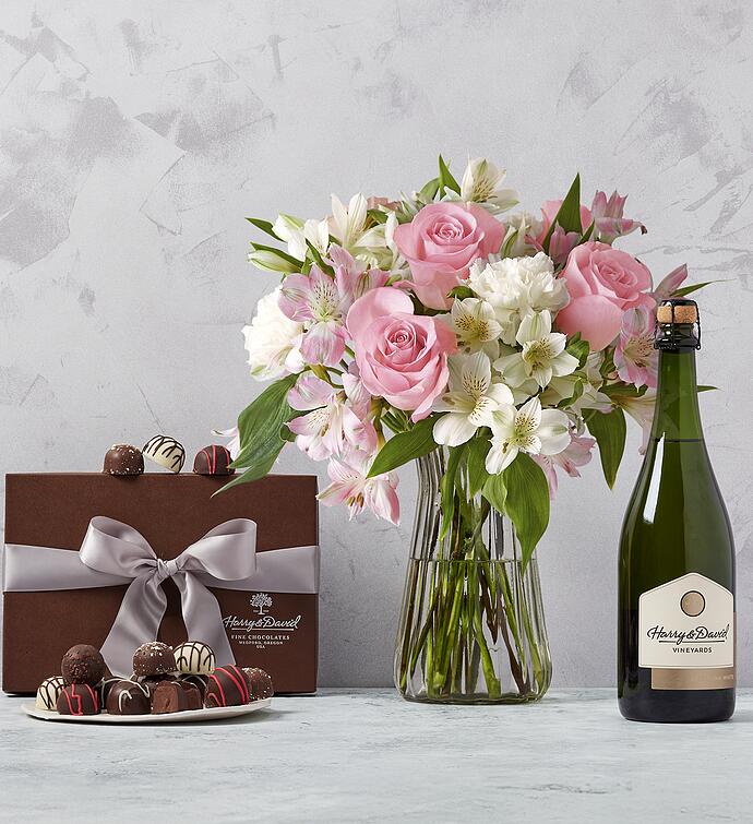 Mother's Day Cherished Blooms Bouquet, Chocolate Truffles, and Wine