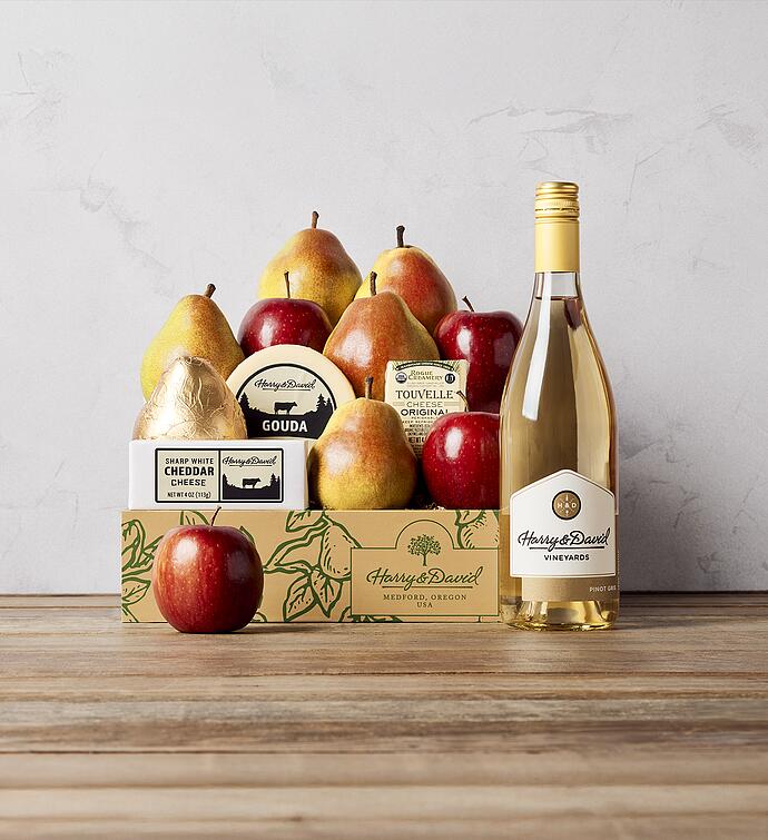 Deluxe Pears, Apples, and Cheese Gift with Wine