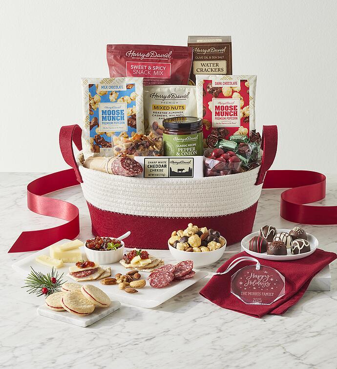 Season&#x27;s Best Snack Gift Basket with Personalized Octagon Ornament
