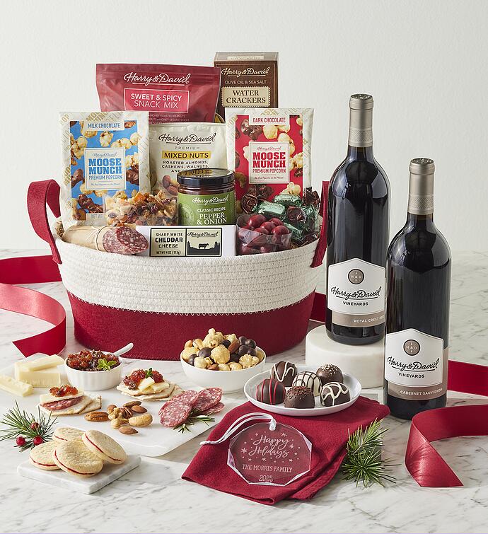 Season's Best Snack Gift Basket with Personalized Ornament and Wine   2 Bottles