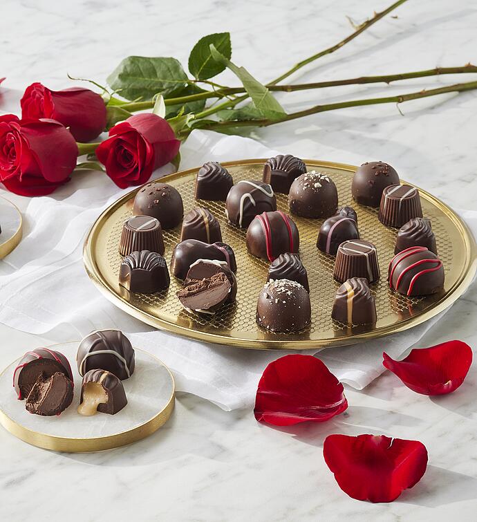 Valentine Chocolates in Heart Box with Two Dozen Red Roses
