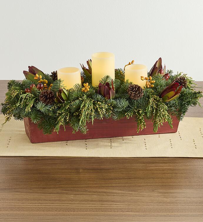 Evergreen Centerpiece with Flameless Candles