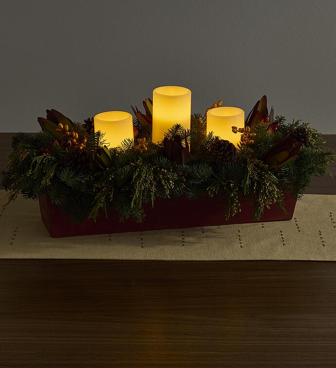 Evergreen Centerpiece with Flameless Candles