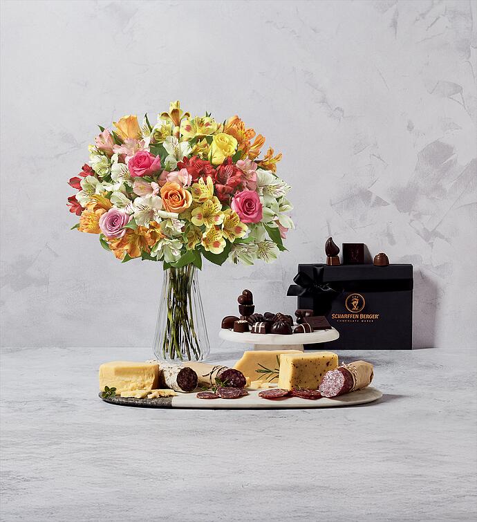 Charcuterie & Cheese Assortment, Scharffen Berger® Chocolates, and Assorted Roses & Peruvian Lilies