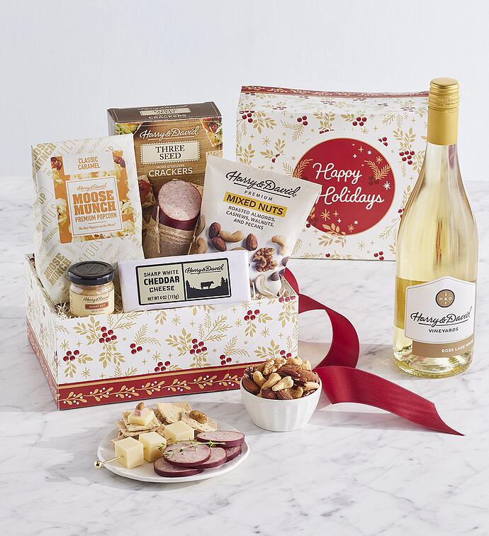 Holiday Snack Gift Box with White Wine
