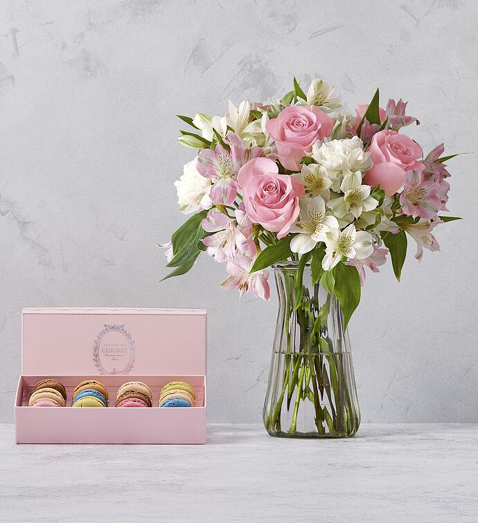 Ladurée Mother's Day Macaron Pink Gift Box of 12   Paired with Cherished Blooms Bouquet
