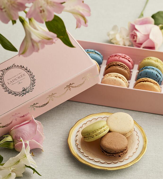 Ladurée Mother's Day Macaron Pink Gift Box of 12 - Paired with Cherished Blooms Bouquet
