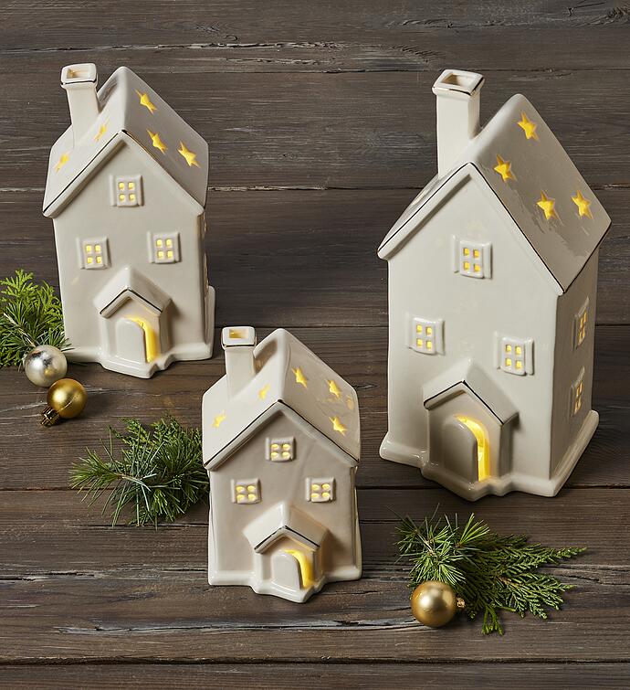 Holiday Ceramic House Lights - Set of 3