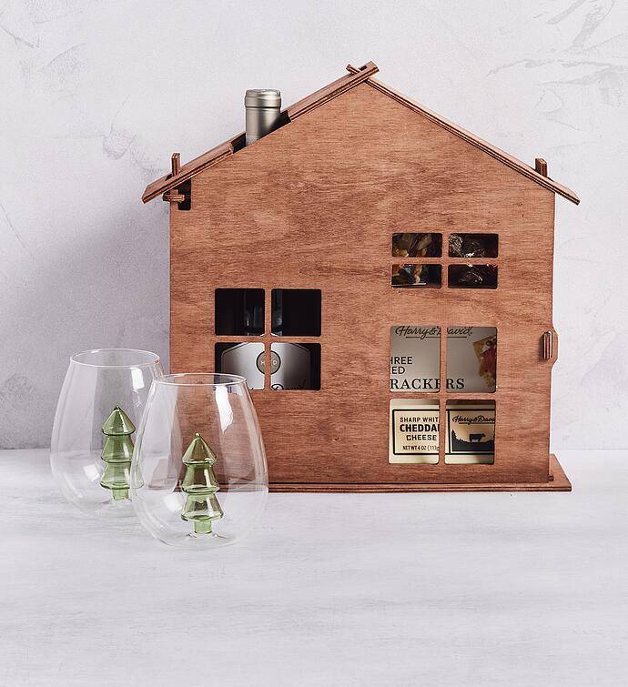 Holiday Wooden House Gift with Wine