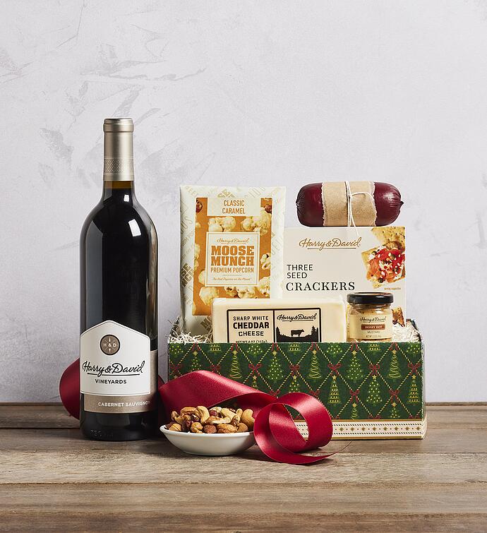 Holiday Snack Gift Box with Red Wine
