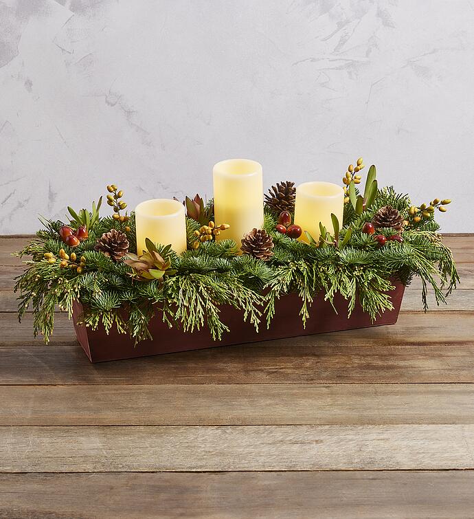 Evergreen Centerpiece with Flameless Candles