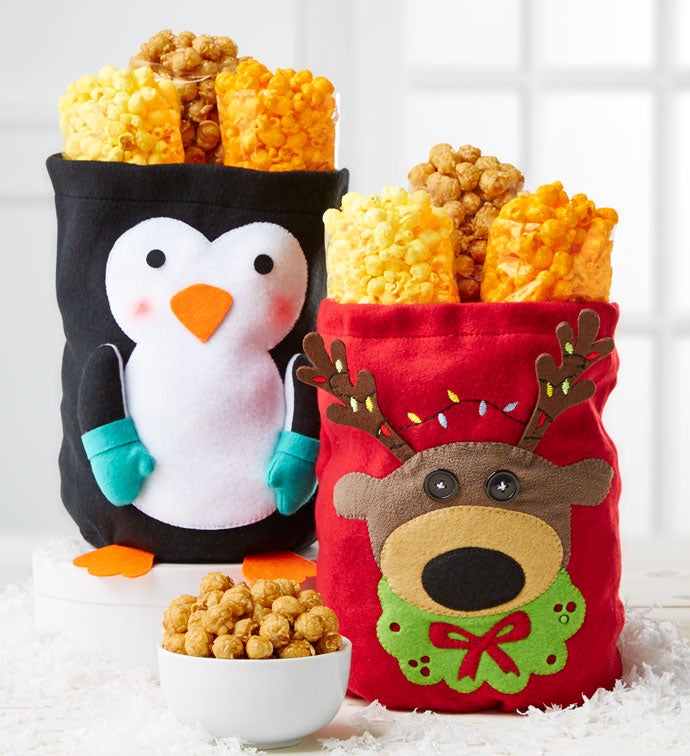 Reindeer & Penguin Set of 2 Felt Drawstring Totes