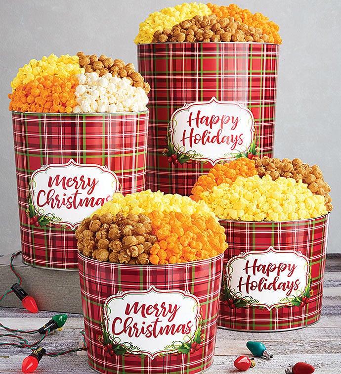 Holly Plaid Happy Holidays Popcorn Tins
